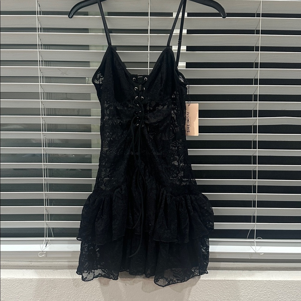 SHEINBAE Black Lace Mini Dress with Ruffle Hem *HALLOWEEN POTENTIAL*